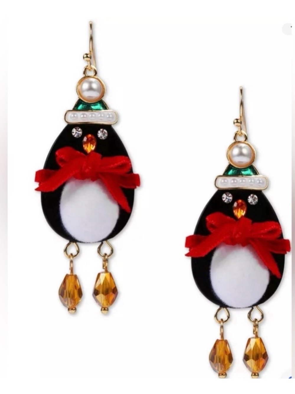 I.N.C Gold/Black Crystal Imitation Pearl holiday Penguin Earrings